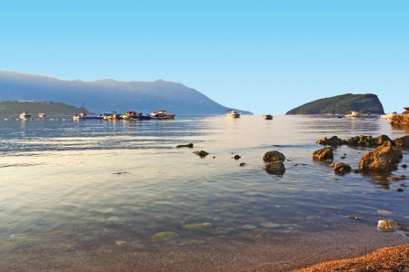 The mountains and the sea on the coast of Montenegro horisontalの写真素材