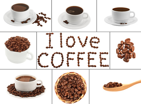 Coffee collage. Coffee beans and coffee cups on a white background isolatedの写真素材