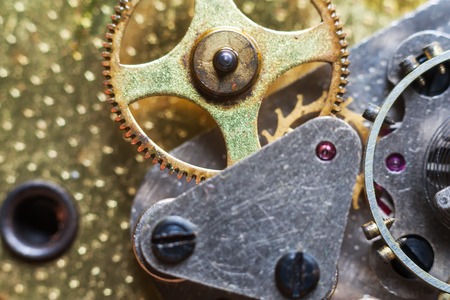 Clockwork Background. Close-up of Old Clock Watch Mechanism With Gears Macro