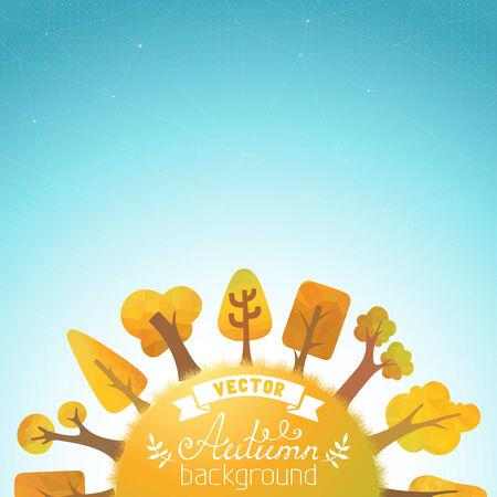 Autumn background. geometric trees and grass silhouettes. There are places for your text on the Earth and in the sky.のイラスト素材