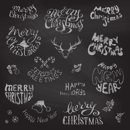 Merry Christmas and Happy New Year lettering. Chalk hand-drawn design elements on blackboard background.のイラスト素材