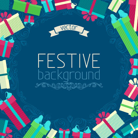 Gift boxes and ornate design elements. There is place for yopur text in the center.のイラスト素材