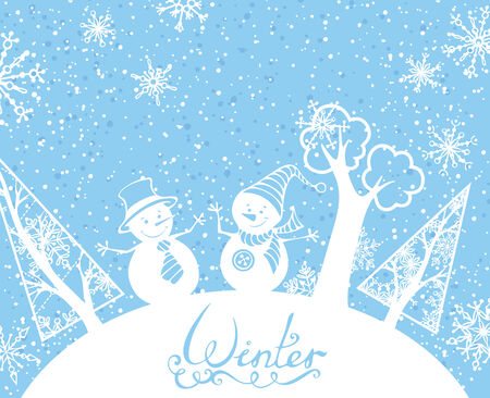 Winter trees, snowmen and snowflakes. There are places for your text in the sky and on the Earth. All objects are on separate layers for easy edit. Hand-written text. EPS 8.のイラスト素材