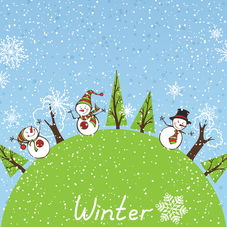 Winter trees, snowmen and snowflakes. There are places for your text in the sky and on the Earth. EPS 8. All objects are on separate layers for easy edit.のイラスト素材