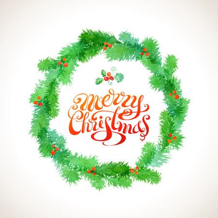 Fir branches and mistletoe. Hand-written text. Vector illustration.のイラスト素材