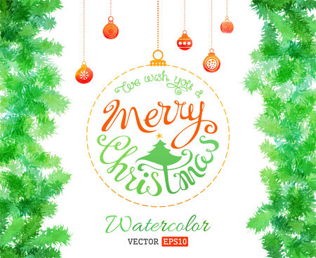 Hand-drawn watercolor evergreen branches and Christmas balls.のイラスト素材