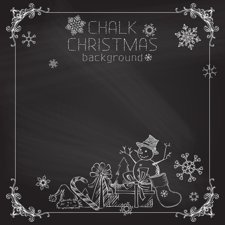 Vintage frame, snowflakes and Christmas objects on chalkboard background.のイラスト素材