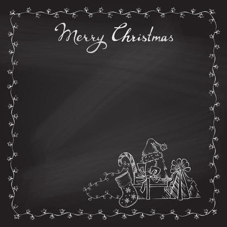 Christmas hand-drawn objects and frame of festive garland on blackboard background.のイラスト素材