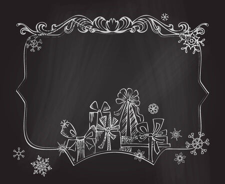 Festive hand-drawn design. Ornate frame, snowflakes and gifts.のイラスト素材