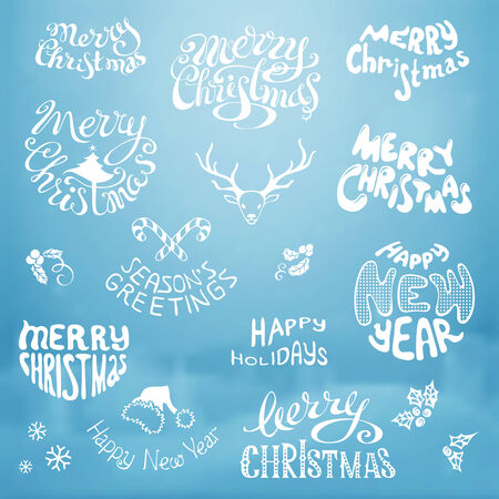 Merry Christmas and Happy New Year lettering. Various decorative elements.のイラスト素材