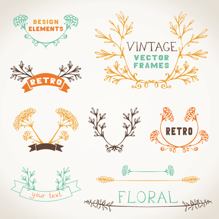 Vintage hand-drawn frames, text dividers and labels of branches and leaves.のイラスト素材