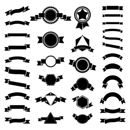 Set of black vintage round, triangle and hexagon badges and ribbons.のイラスト素材