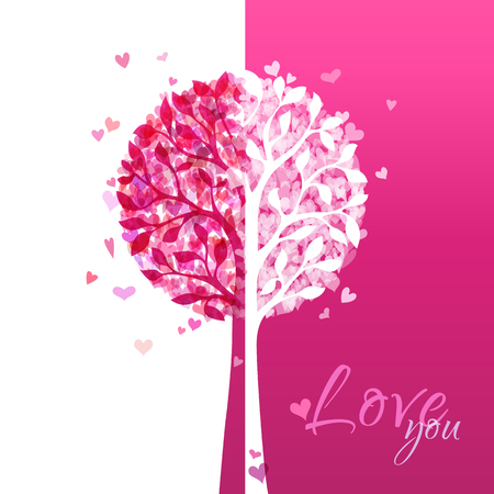 Various hearts on tree. Valentine\'s template. Duotone illustration. のイラスト素材