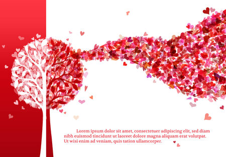Various hearts on tree. Red Valentine's template. Duotone illustration. There is place for your text.のイラスト素材