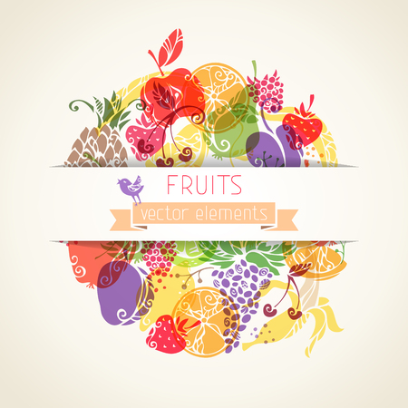 There is place for your text in the center. Vintage fruits for your design. Vector background.のイラスト素材