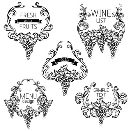 Black design elements with text isolated on white background. Retro design. Menu or wine list templates.のイラスト素材