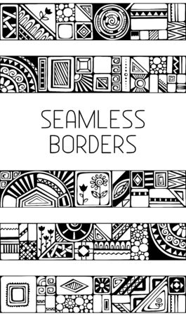 Set of seamless geometric borders. Hand-drawn borders for your design isolated on white background.のイラスト素材