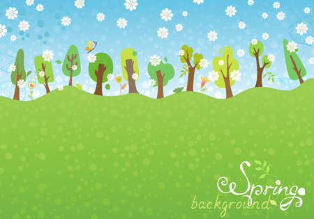 Spring background. Trees, leaves, and flowers for your design. There are place for your text in the sky and on the Earth.のイラスト素材