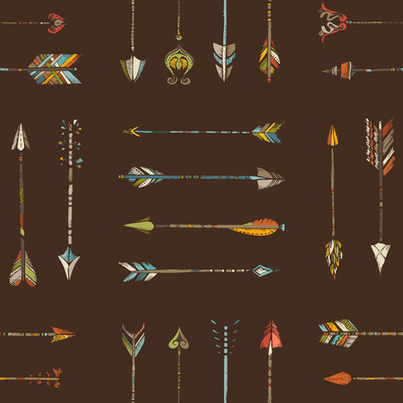 Seamless pattern of ethnic arrows. Various hand-drawn arrows on brown background.のイラスト素材