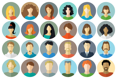 Circle icons set of men and women. Various faces in flat style isolated on white background.のイラスト素材