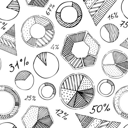 Seamless pattern of infographic elements. Sketch round, hexagon and triangle diagrams on white background.のイラスト素材