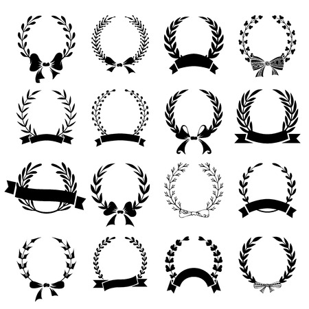 Hand-drawn wreaths with ribbons and bows isolated on white background.のイラスト素材