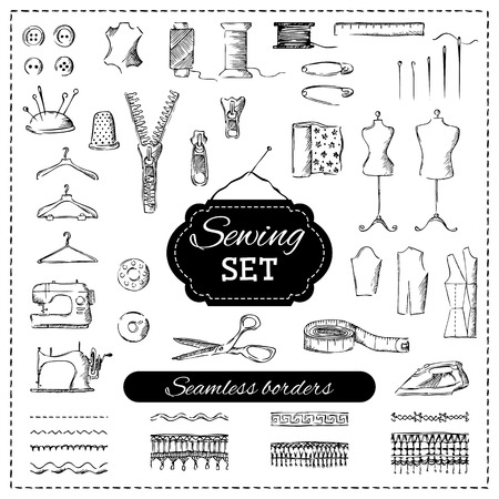 Vector set of sketch sewing elements. Pencil illustration.のイラスト素材