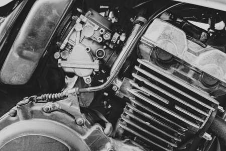 Motorcycle details.Motorcycle engine close up.Black and white photo.の写真素材