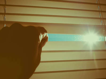 The sun shines through the half-open blinds on the window.
