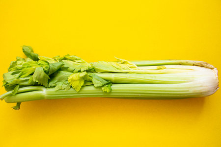 Celery root on a yellow background. Vegetables for making salad. Green leaves on the table.の写真素材