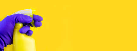 Hand in a rubber glove for cleaning. Kitchen sponge in hand. Spray bottle for window cleaning. Foam sponge in hand on isolated background.の写真素材