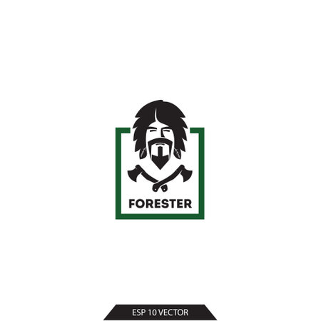 Forester icon. Male forester and axes. Forest guard emblem. A man with a beard and leaves on his hair.のイラスト素材