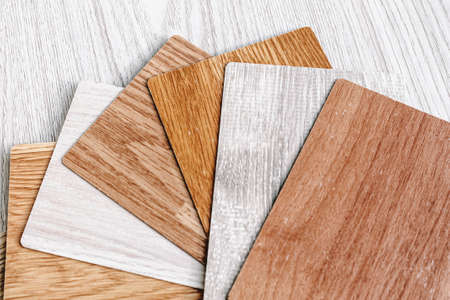 Choice of laminate color. Wood-colored fan for flooring. Samples for parquet, choice of floor color.の写真素材