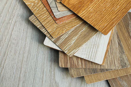 Choice of laminate color. Wood-colored fan for flooring. Samples for parquet, choice of floor color.の写真素材