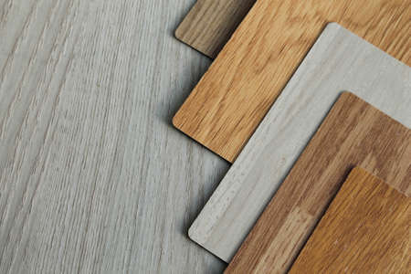 Choice of laminate color. Wood-colored fan for flooring. Samples for parquet, choice of floor color.の写真素材