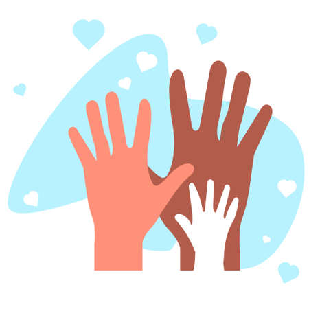 Hands of different colors are raised up.のイラスト素材