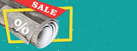 Sale of the remains of linoleum. Roll of linoleum with the inscription sale. Discount on floor coverings.の写真素材