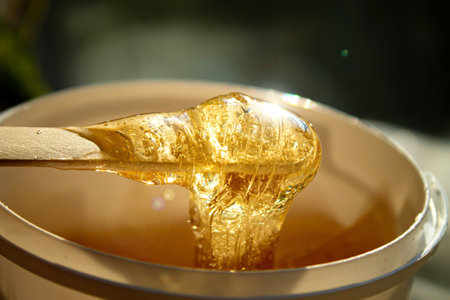 Shugaring paste. Body hair removal. Depilation. The paste drips off the sugaring spatula. Body care products.の写真素材