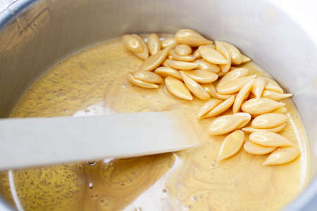 Wax for depilation. The wax melts. Body hair removal. Spatula and wax. Grains of wax for hair removal.の写真素材