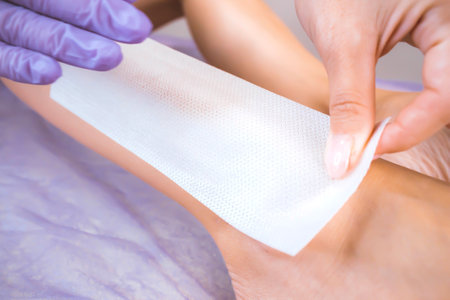 Wax depilation. Epilation with wax strips.Gloved hand and wax strip.の写真素材