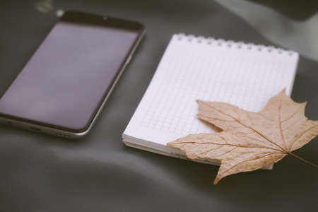 Autumn playlist. Phone and notepad on a background of autumn. Maple leaf and blank notebook. Poems about the autumn period. Headphones and telephone.の写真素材