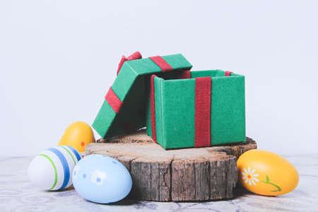 Easter. Multicolored eggs. Yellow and blue Easter decorations.の写真素材