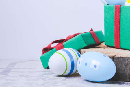 Easter. multicolored eggs. Yellow and blue Easter decorations. Christian holiday in honor of the Resurrection of Jesus Christ.の写真素材