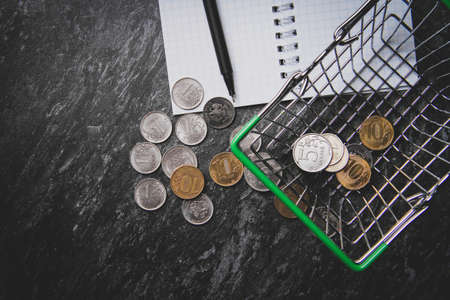 Money and notepad for shopping. shopping list. food basket. Money for food purchases.の写真素材