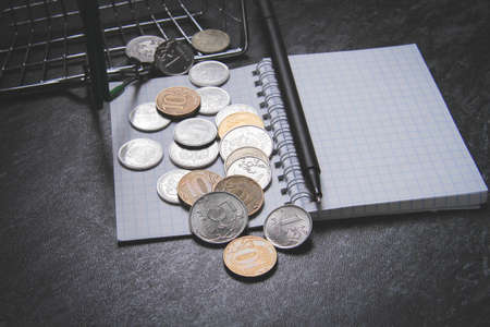 Money and notepad for shopping. Shopping list. Food basket.