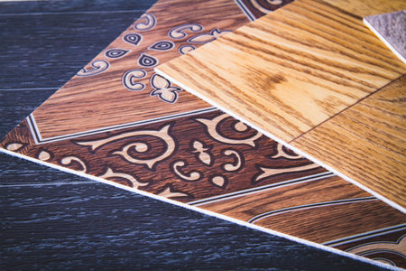 Waterproofness of linoleum. Waterproof linoleum in the kitchen. Sample roll.の写真素材