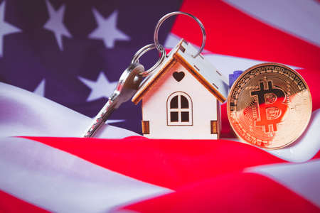 Buying real estate in the us for bitcoin. Bitcoin coin in a food basket. Cryptocurrency payment....