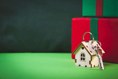 House as a gift. Surprise in the new year. Miniature house with keys in a gift box.の写真素材