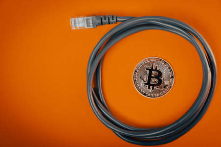 Internet payment for bitcoins. Internet cable and coin. Cryptocurrency as a means of payment. Bitcoin coin close up.の写真素材