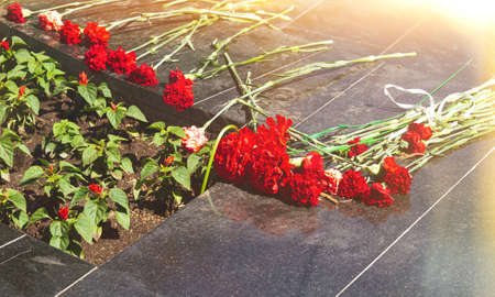 Commemorative memorial. Laying flowers at the eternal fire. Tribute to the memory of the fallen soldiers. Flowers and a soldering iron for soldiers.の写真素材